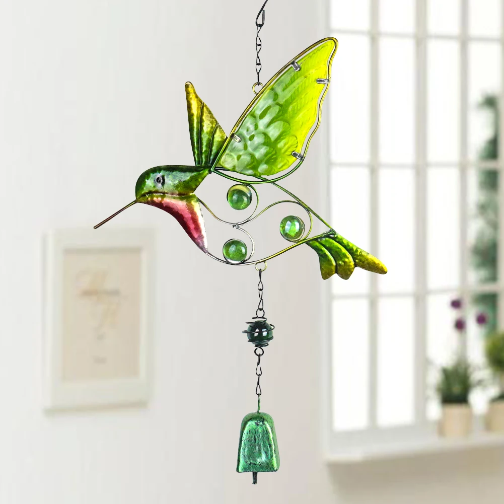 Charms Lucky Hummingbird Kingfisher Crystal Ball Bell Sound Dangle Metal Wind Chime Pendant Fairy Garden Balcony Hanging Decor