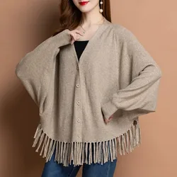 Spring and Autumn Women's Cardigan V-neck Bat Sleeve Solid Button Panel Tassel Loose Office Lady Fashion Casual Knit Tops