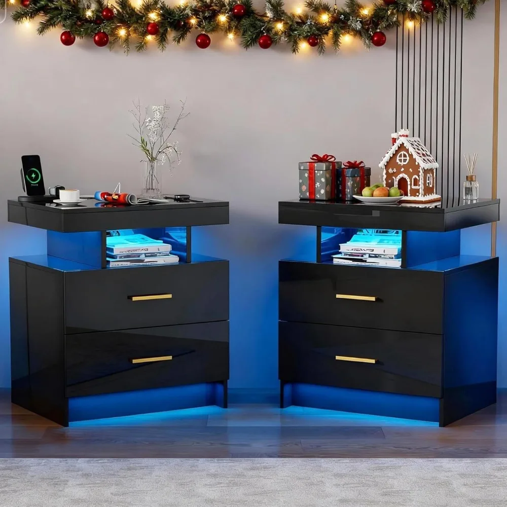 

This Smart Bedside Table Set Features 24-color Lighting and Two Drawers; The LED Bedside Table Has An Automatic Sensor Function