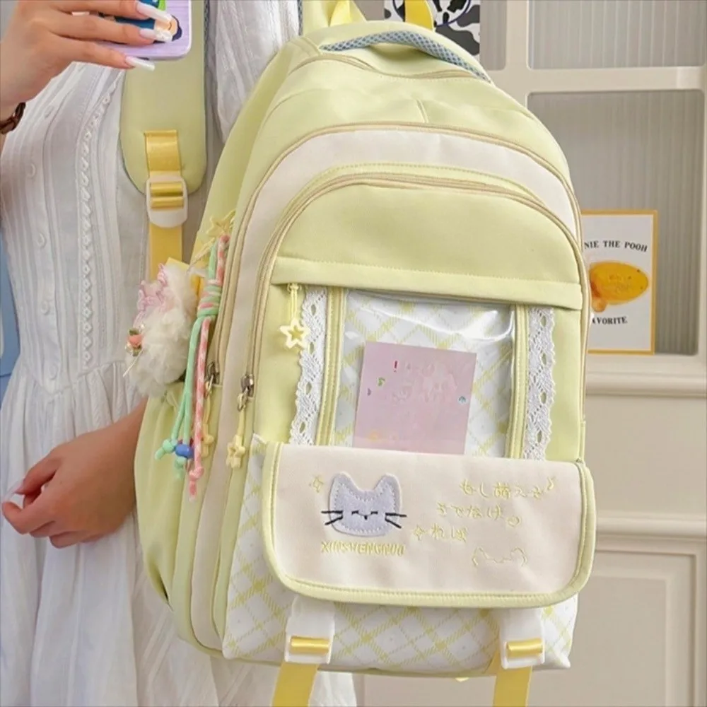 Nylon Hollow Lace Backpack Color-blocked Preppy Style Large Capacity School Bag Durable Transparent Cat Plaid Backpack