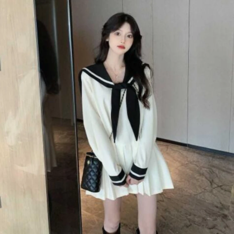 Dresses Women Autumn Design Sailor Collar Simple All-match Comfortable Loose Korean Style Retro Solid Elegant Student Lovely New