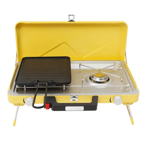 Dual Burner Outdoor Gas Stove 2×3500W Folding Portable Camping Stove Windproof Piezo Ignition Stainless Steel Cooker with Non-stick Tray for Picnic Hiking