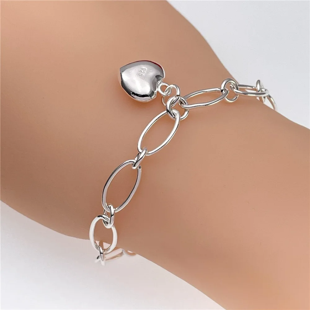 Charms 925 Sterling Silver Solid Heart Bracelets for Women Lady Wedding Cute Nice Holiday Gift Party Fashion Jewelry