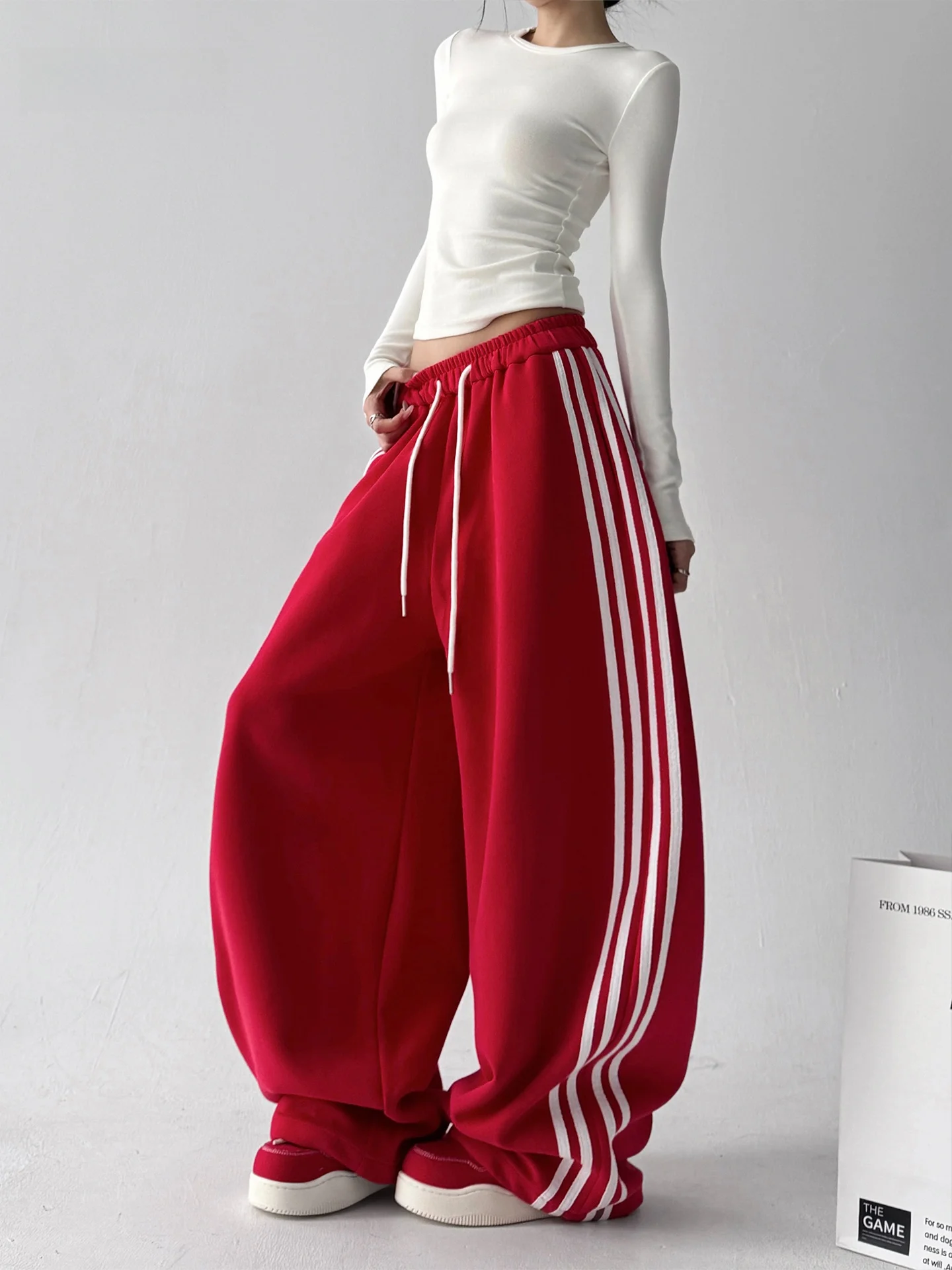 

American Sle Loose Wide Leg Casual Pants Women's High Waist Straight Cut Dstring Trousers Autumn Winter New Arrival