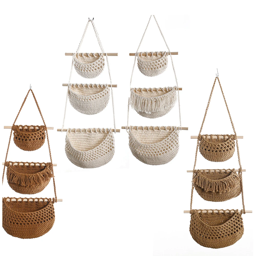 

Hanging Fruit Baskets Multipurpose Boho Decor Handwoven Indoor Planter Holder for Organizing Onion Vegetables Potato Kitchen