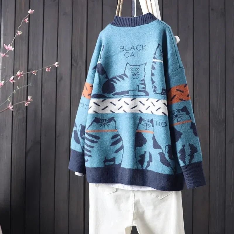 Women\'S Knit Print Cardigans Patchwork Autumn Winter Button Patchwork Long Sleeve Knitted Top Loose Oversized Sweater Coat