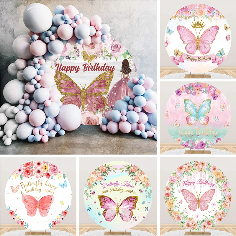 Butterfly Round Backdrop Pink Butterfly Birthday Party Decorations Girl Fairy Flower Floral Circle Photo Background Photography