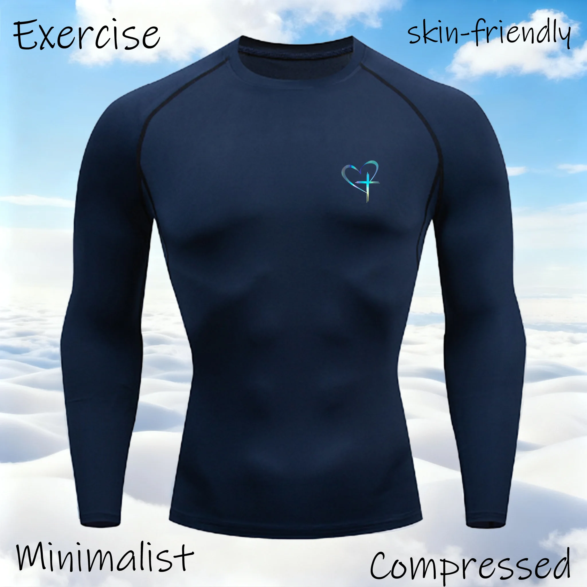 تي شيرت رياضي مطبوع عليه قلب سريع الجفاف لكمال الأجسام والجري قميص طويل الأكمام مضغوط قميص رياضي للرجال للياقة البدنية ضيق Rashgard