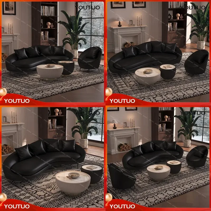  Italian Light Luxury Black Curved Leather Sofa Set Living Room Household Small Apartment Designer Combination
