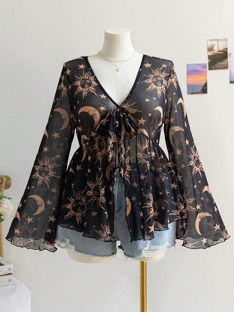 GIBSIE grande taille imprimé doux col en v cravate devant haut en maille femmes 2025 automne vacances Style complet manches évasées Peplum Blouse chemise