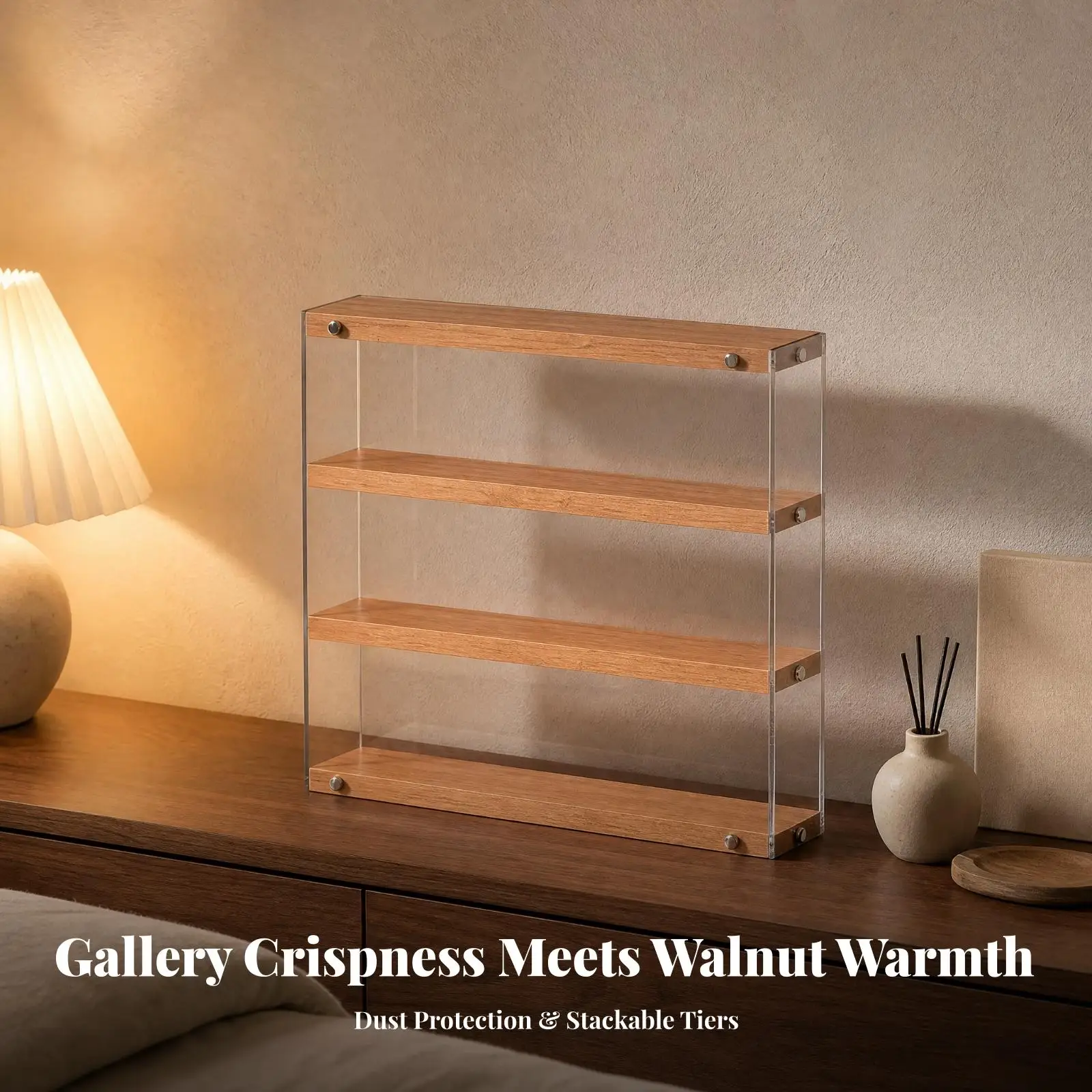 Clear Acrylic Showcase Cabinet with Wood Shelves for Small Toys Figurines Desk Decor Multifunctional Storage Display Box