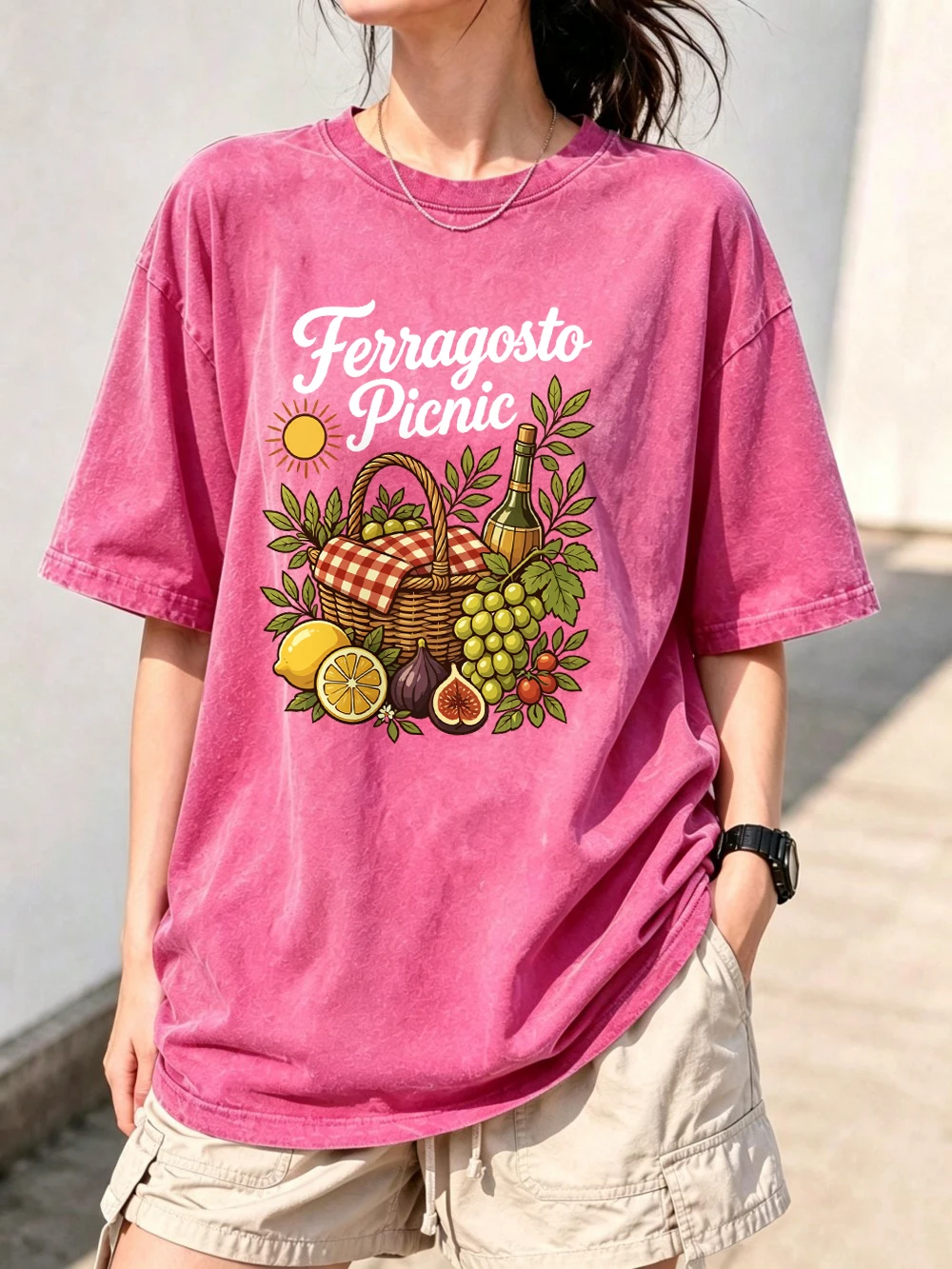 Picnic Wicker Basket Fruits Wine Sun Printed Washed T-Shirt Women Oversized Cotton T Shirt Distressed O-Neck Tops Summer Clothes
