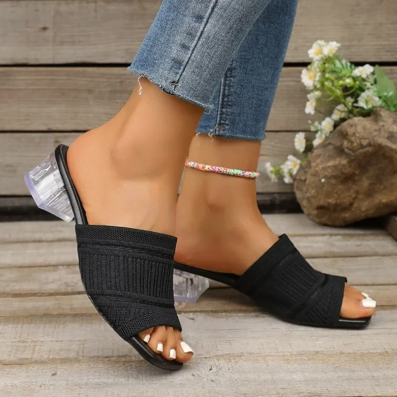 Sommermuster-Strickpantoffeln, quadratische Zehenpartie, Blockabsatz, Damen-High-Heel, kühles Wischen, Übergröße