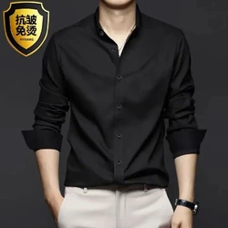 2024 New Men's Social Dress Shirts Luxury  Spring Autumn Smooth Soft Wrinkle-resistant Non-iron Solid Color Casual Ice Silk