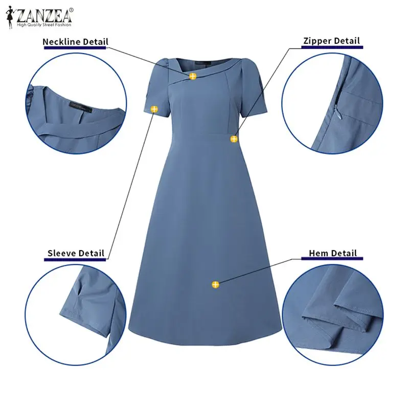 Eleganckie sukienki biurowe ZANZEA damskie 2026 letnia sukienka z nieregularnym dekoltem, krótkim rękawem, midi, jednolita, z podkreśloną talią, sukienka na imprezę, letnia sukienka