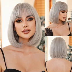 Short Bob Synthetic Wigs Straight Grey Cosplay Wig with Bnags for Women White Blonde Hair Heat Resistant Party Use Lolita Hair