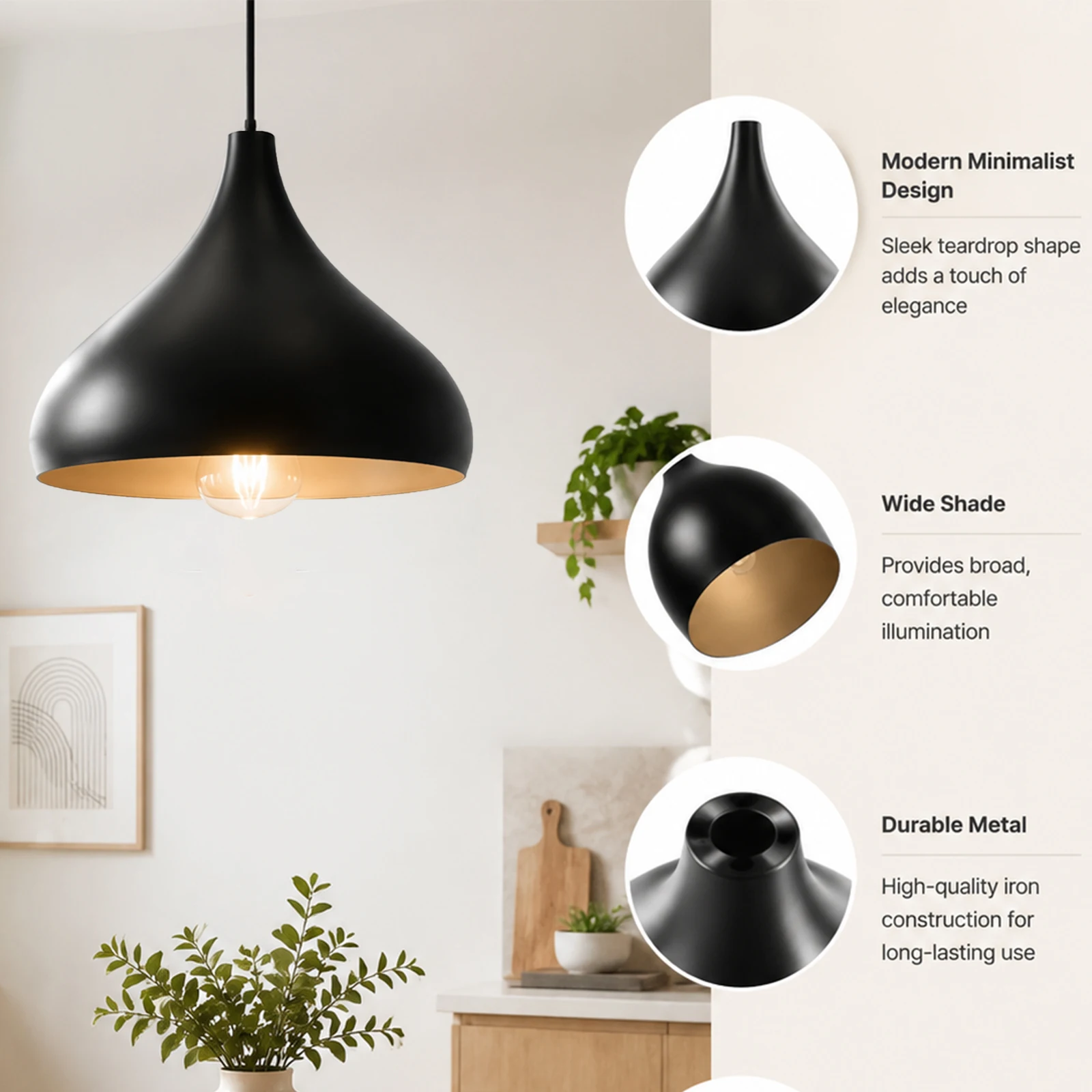 Modern Metal Lamp Shade, Matte Black Teardrop Cone Iron Cover for Pendant Light E27