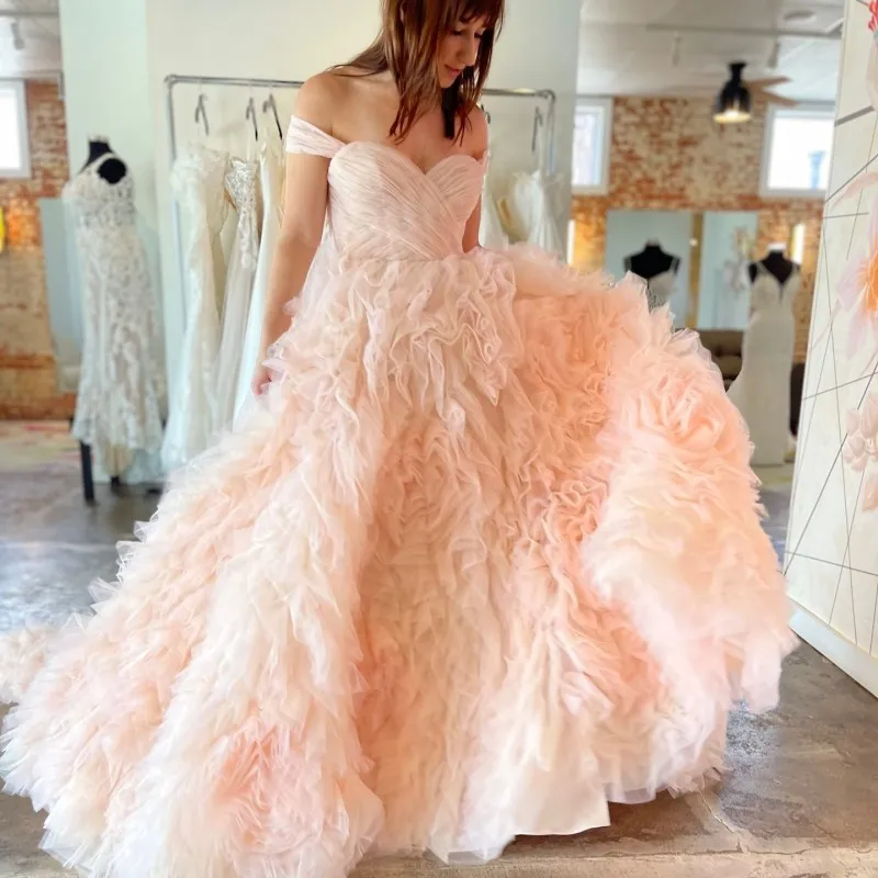 

Pink Sexy Sweetheart A-Line Wedding Dresses Ruffle Train Tiered Tulle 2024 New Fashion Bridal Gown Custom Made