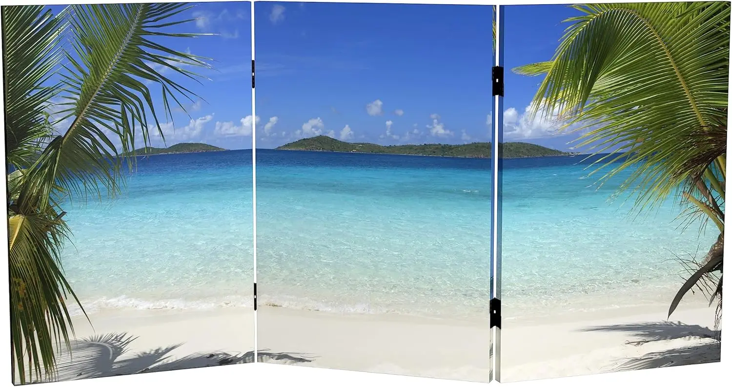 

2 ft. Short Double Sided Beach Canvas Folding Screen 3 Panel Freestanding Partition and Separator for Modern and Contemp