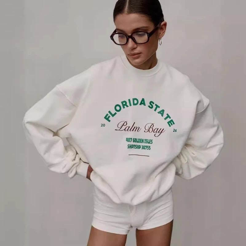 Felpa con cappuccio girocollo casual stile retrò da strada stampata con lettera basic autunnale 2025 per donna