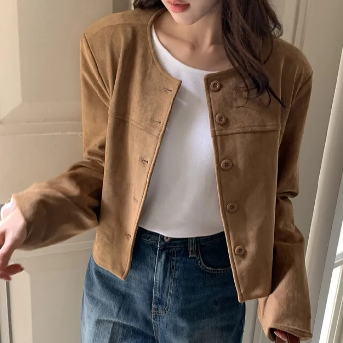 

Spring 2026 Women's Slimming Suede Jaet ort Length Faionable Retro Leather Coat Long Sve Youth Applicable No Brand