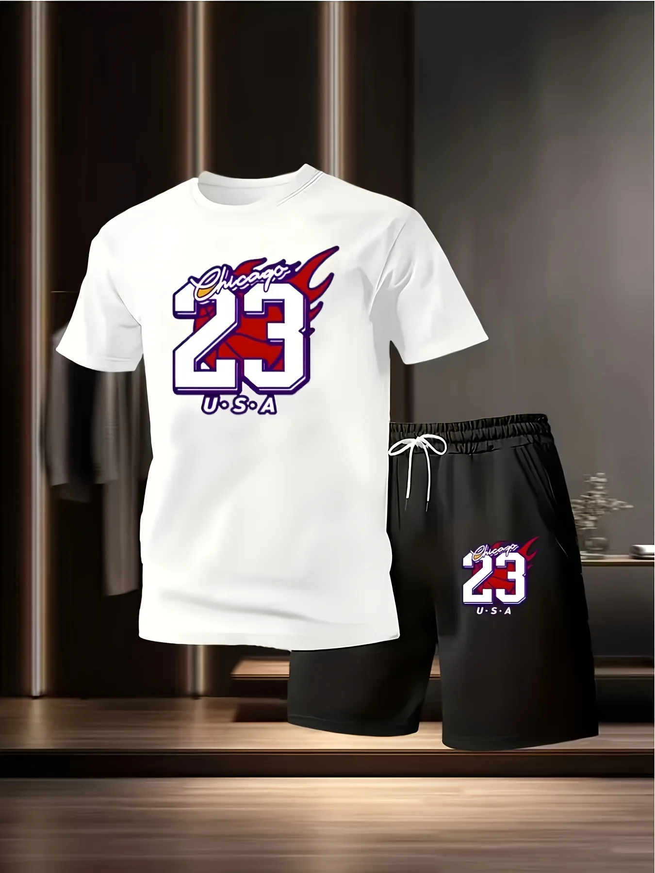 The 2026 new men's basketball patterned T-shirt and shorts set features a "23" sporty and breathable design
