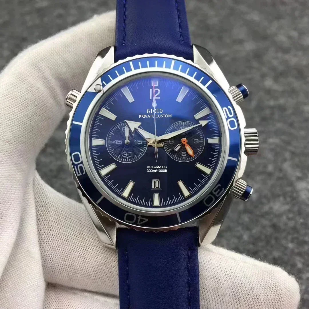 Luxe Nieuwe Heren Quartz Chronograaf Horloge Rvs Zwart Blauw Rubber Lederen 007 Horloges