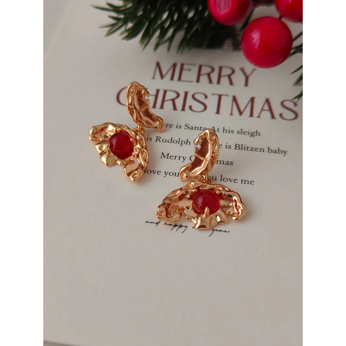 NEW ​ Full Body S925 Pure Silver Plated With 18K Real Gold | Red Agate Earrings 100660