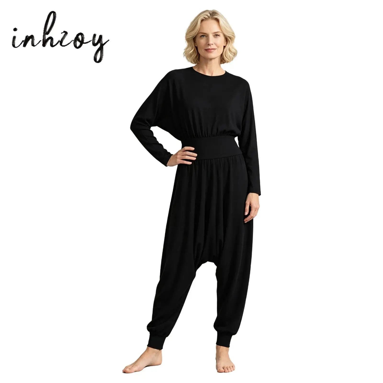 Women Adaptive Baggy Jumpsuit Round Neck Long Sleeve Back Zipper Elastic Waist Bodysuit for Special Needs Casual Daily Life