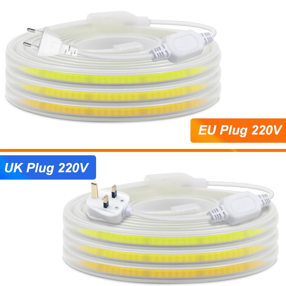 AC 220V COB LED Strip Lights CRI RA90 288LEDs/m Flexible Outdoor Lamp Waterproof Neon Light Tape EU/UK Plug Home Room Decoration