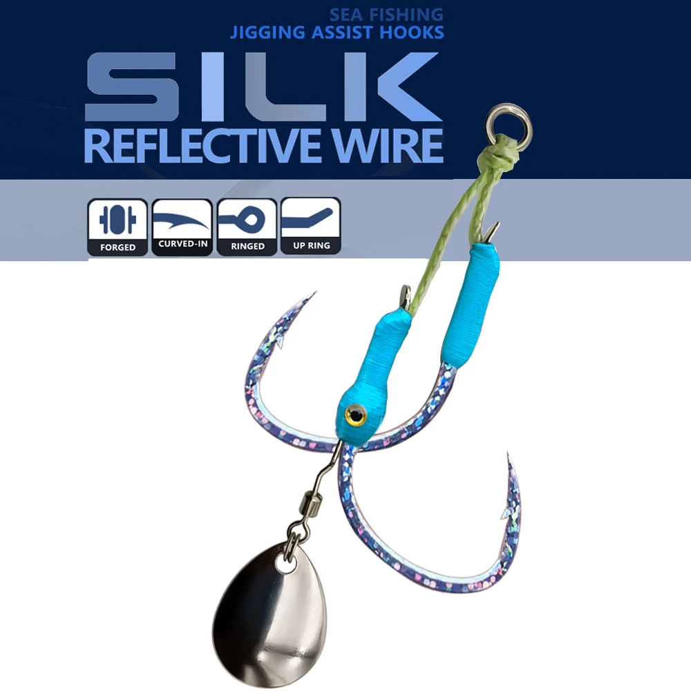 ตะขอจิ๊กกิ้งแบบมีตัวช่วย 2 คู่/ถุง ขนาด 1/0 2/0 3/0 4/0 ตะขอตกปลาแบบ UV เรืองแสง พร้อมขนตกปลา ตะขอจิ๊กกิ้งคู่ สำหรับปลาทูน่า ปลาบาส ปลาไพค์