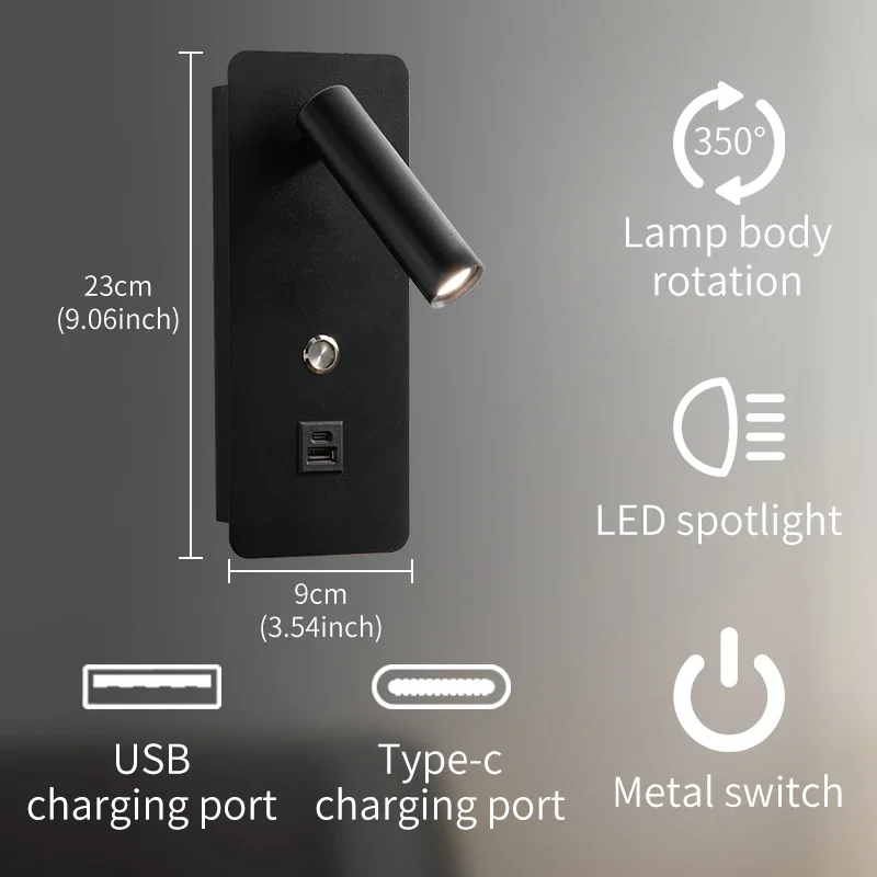 LED Reading Wall Light Mobile Phone USB Charging Rotating Wall Lamp Bedroom Bedhead Living Room Background Decorative Lighting