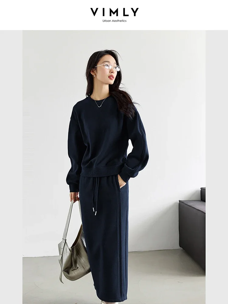 VIMLY Women Sporty Sweatshirt Set Winter Simple Casual Baseball Collar Sweatshirt Pullover Straight Long Skirt Office Lady Suits