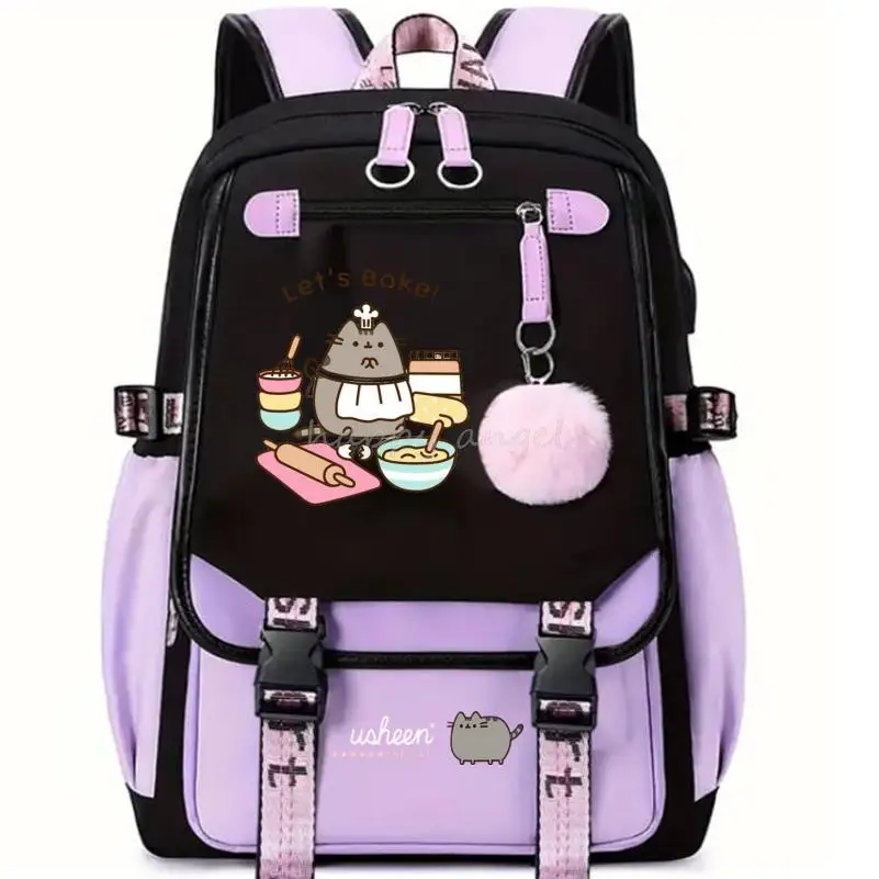 Hot Fat Cat Backpack Girl School Bag for Teenage College Wind Women SchoolBag High Student Bag Purple Canvas Bundle Usb Backpack