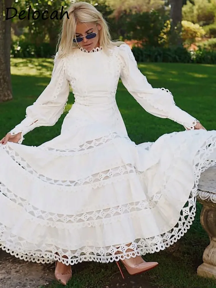 

Delocah High Quality Summer Women Fashion Designe Midi Dress O-Neck Lantern Sleeve Fashion Lace Vintage A-Line Midi Dress