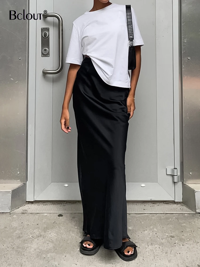 Bclout Elegant Satin Black Skirts Women 2024 Summer Solid Office Lady Slim Trumpet Skirts Fashion Satin Party Long Skirts Female