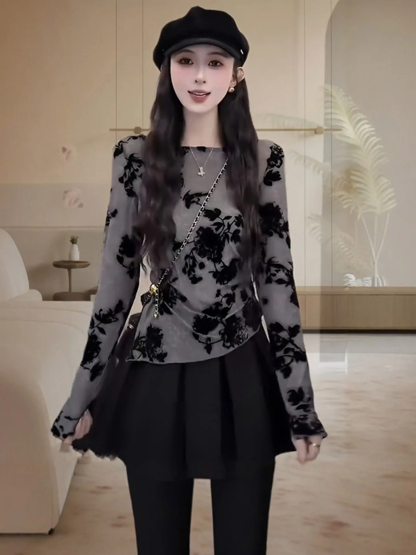 Slimming Large Size Women's T-shirt New Chinese Style Water-Mark Print High-Waist Flattering Long Sleeve Casual Spring Top