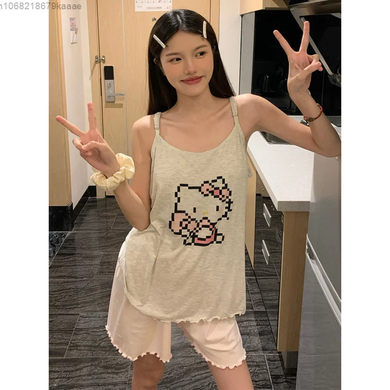 Hello Kitty Women's Cartoon Printed Sweet Cute Sleepwear Summer Pure Desire Vests Shorts Home Clothes Korean Version Pajamas Set