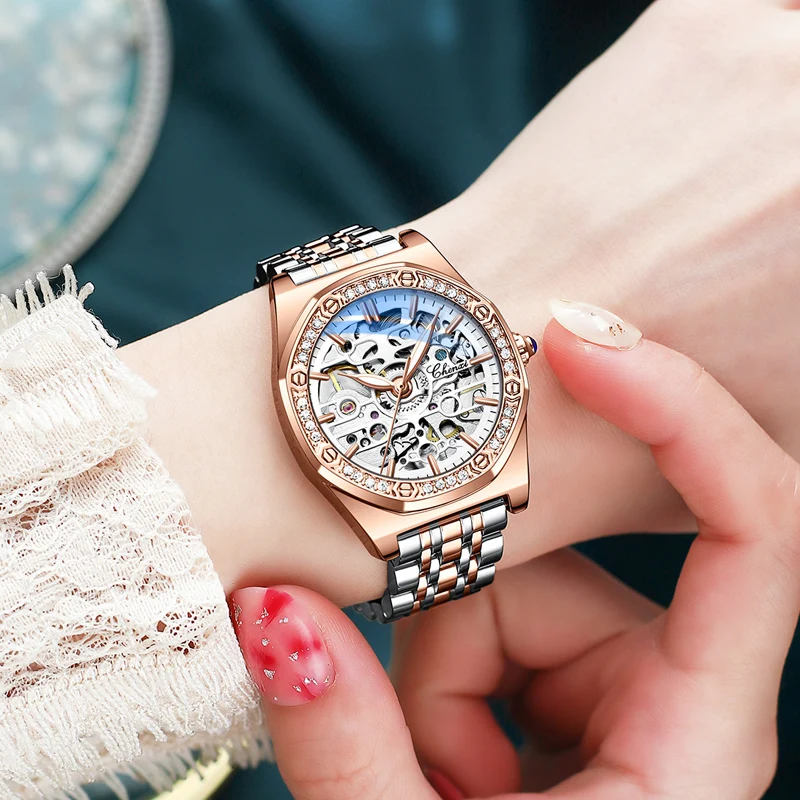 2022 Fashion Chenxi Luxury Women\'s Wrist Watch Rose Gold Steel Hollow Out Automatic For Women Mechanical Chenxi Relogio Feminino