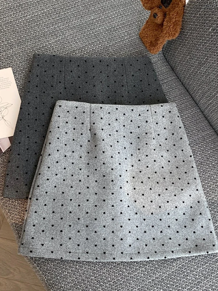 Zwart Hart Polka Dot Wol Kokerrok Dames Herfst Winter Hoge Taille Casual Slanke Koreaanse Korte Rokken Vrouw