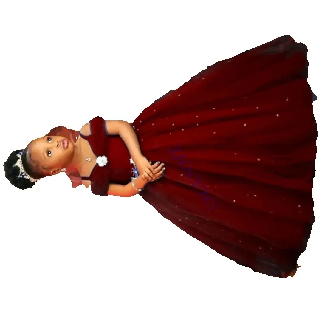 

Винно-красные платья с цветочным узором для девочек по индивидуальному заказу на свадьбу, тюль, бисер, жемчуг, пышные с открытыми плечами, детский бал на день рождения, первое причастие