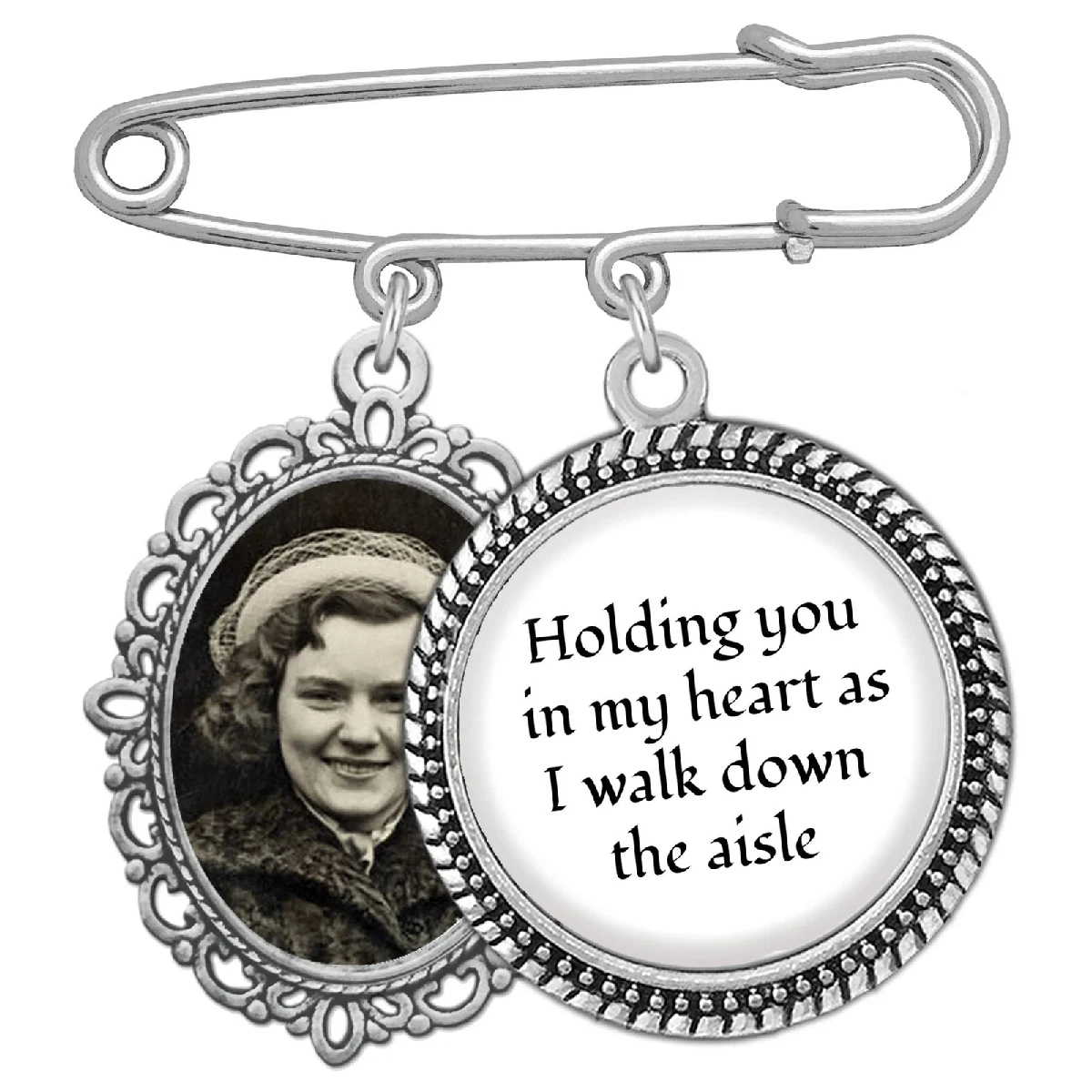 Silver Memorial Wedding Bouquet Pin, "Holding You in My Heart as I Walk Down the Aisle", Bridal Bouquet Charm Keepsake view 5