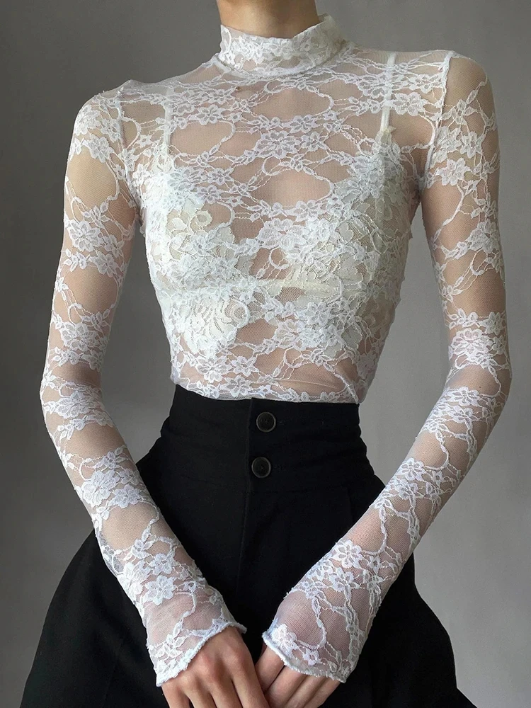

Y2K Lace T-Shirt Elegant White Transparent Crop Top Vintage Turtleneck Full Sleeve Slim Fit Shirt Women Slim Sexy Fashion Top