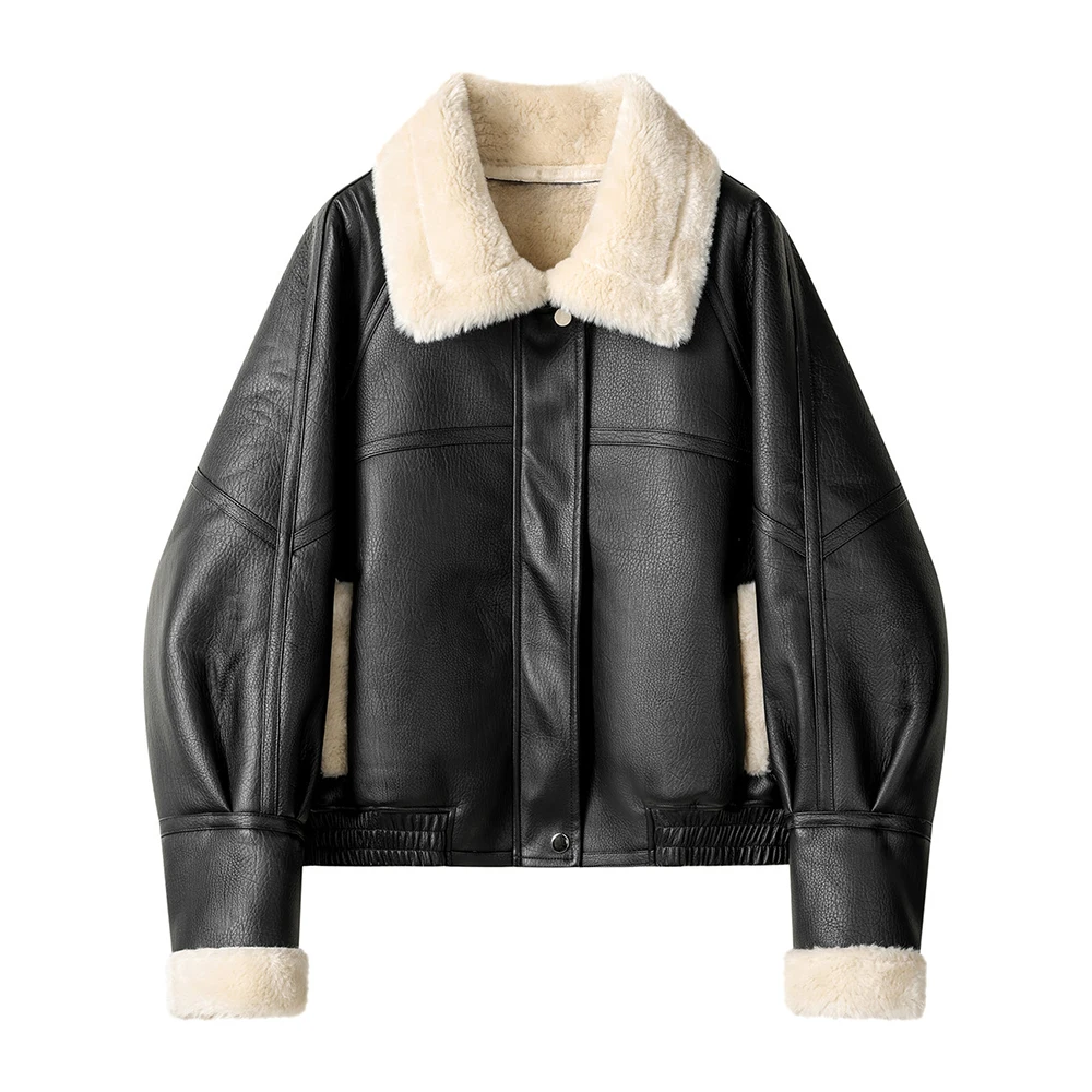 Damen Vintage Kunstleder-Shearling-Jacke Kurze Sherpa-Gefütterte Bikerjacke Warm Locker Sitzende Oberbekleidung