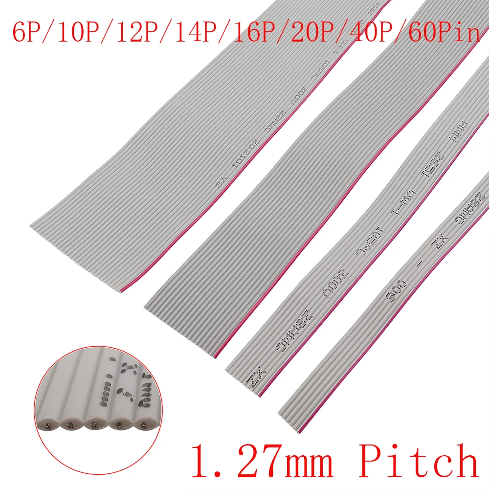 10 Meter 1.27mm Pitch 6P/10P/12P/14P/16P/20P/40P Grey Flat Ribbon Cable 28AWG Flexible Wire for IDC FC 2.54mm Connector