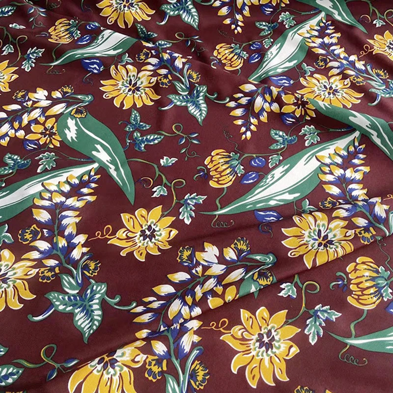 114CM Wide 16mm Yellow Floral Printed Silk Crepe de Chine Fabric for DIY Sewing Summer Brown Red Pants Dress Pajamas C001-93