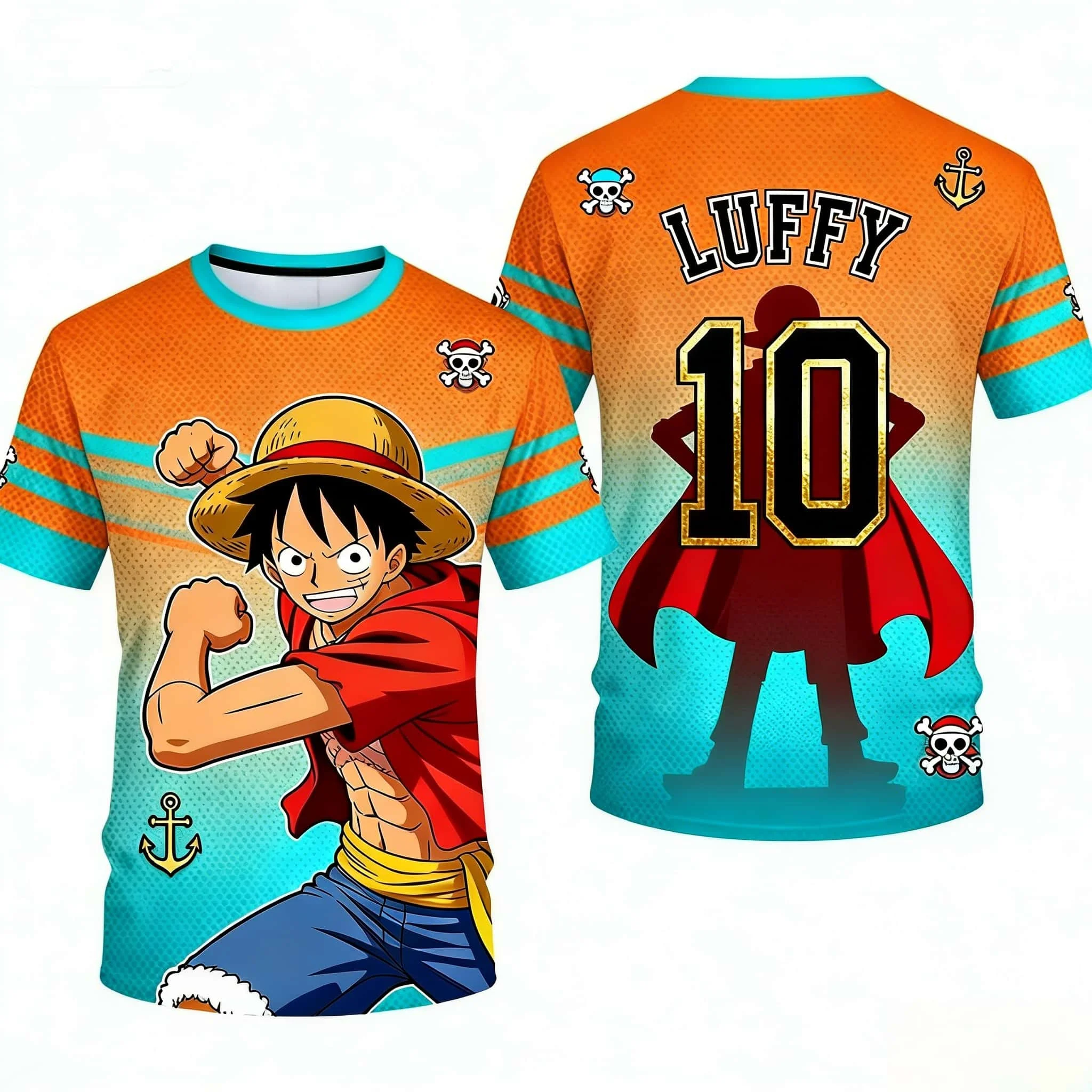 

2026 Новая цельная детская футболка LUFFY с 3D принтом из мультфильма, круглый вырез, короткий рукав, спортивный топ, футболка с аниме