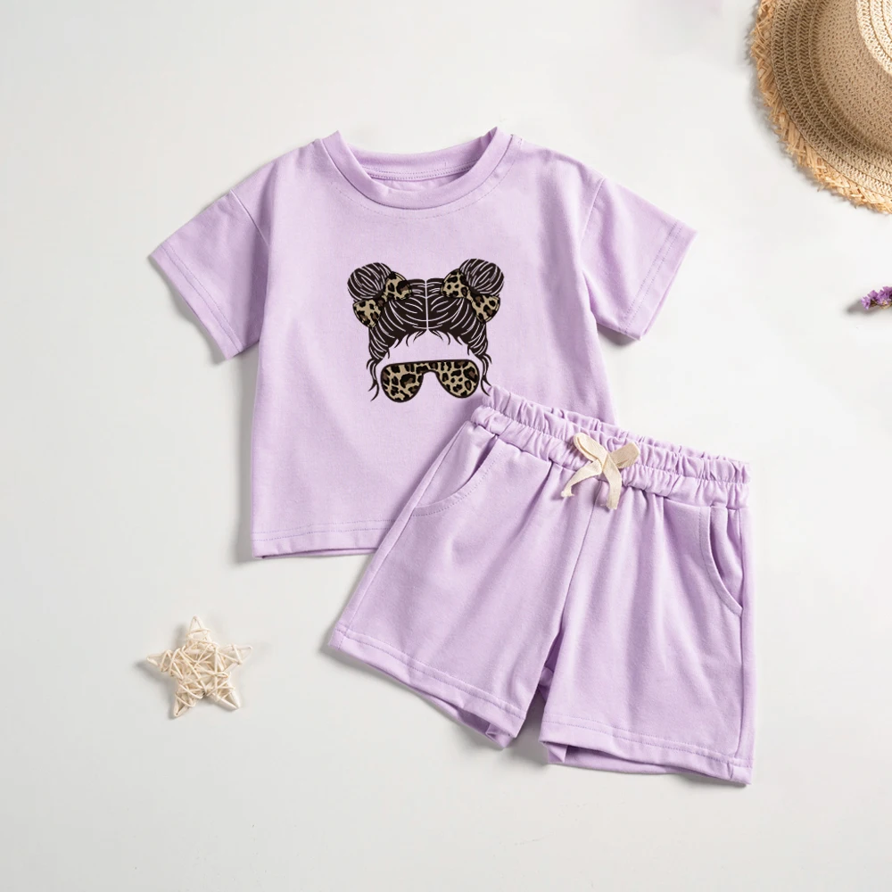 Toddler Girls Cotton Print 2pcs Set Leopard Short Sleeve Tee+Shorts Outfits Children Soft Cute Fashion Clothes Summer As Gift