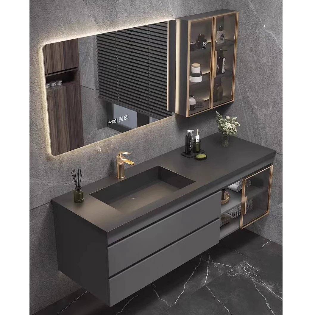 Luxury Single Sink Bathroom Vanity With Smart Mirror and Side Cabinet Modern Bath Room Furniture Vanity Setspromote sales