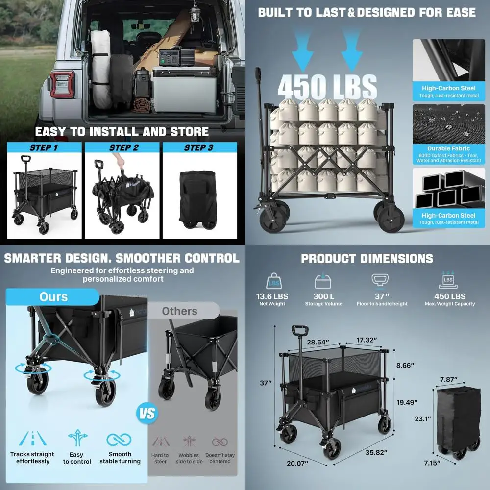 Carro plegable con capacidad de 150-300 L, ruedas todo terreno y freno para aventuras al aire libre